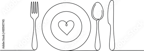 Minimalist Line Art Dinner Plate with Cutlery,Continuous Line Drawing of Plate and Cutlery,Romantic Dinner Plate Line Art Illustration.