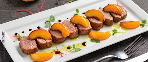 appetizer with pork medallions and peaches
