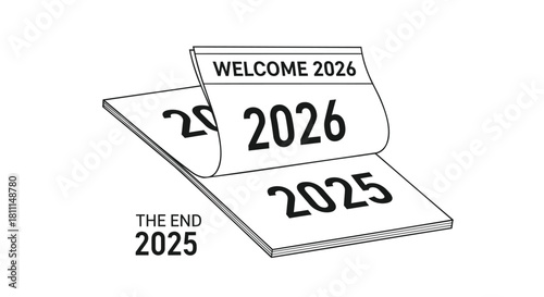 A calendar page turns from the end of 2025 to welcome the beginning of 2026 with bold text