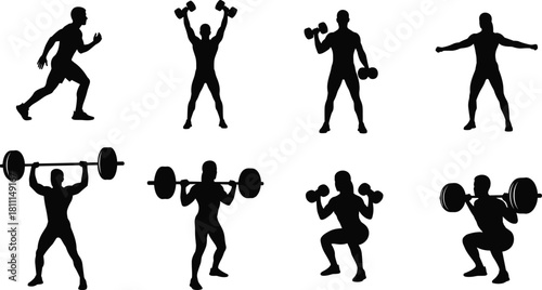 Fitness workout silhouette set, bodybuilder lifting weights, men and women gym exercises, vector collection, isolated