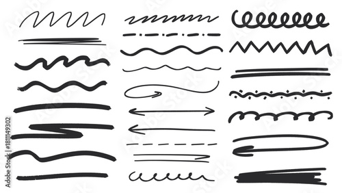 Marker lines, waves, underlines and arrows set. Hand drawn ink elements for journaling and note taking. Grunge doodle sketch style highlighter signs, vector