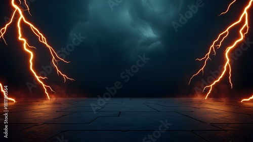 The image displays a dark, textured floor illuminated by intense orange lightning strikes on either side, set against a background of stormy, ominous dark blue clouds.