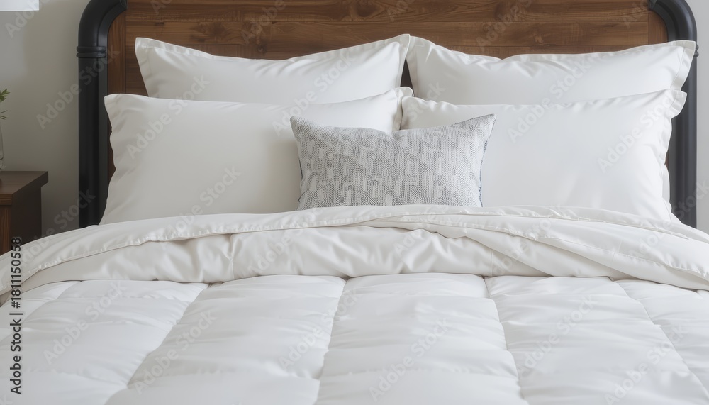 Obraz premium A neatly made bed with a wooden headboard. The bedding is white with multiple pillows and a decorative cushion in the center.