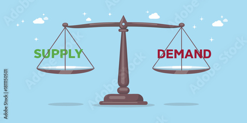 Supply and demand balance on scales economic equilibrium concept illustration