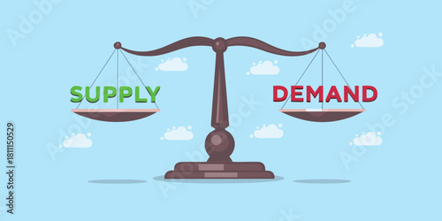 Supply and demand balance on scales in a cartoon style illustration