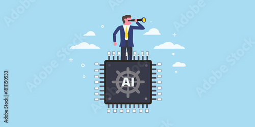 Ai visionary businessman on chip with spyglass future technology