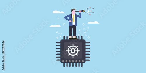 Kubernetes visionary businessman on cpu looking through telescope for future technologies