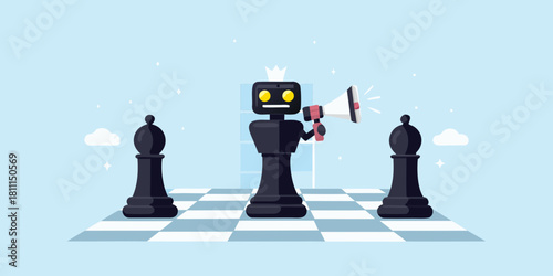 Robot king on chessboard announcing with megaphone strategy and ai concept