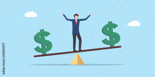 Businessman balancing between dollar signs on a seesaw financial stability