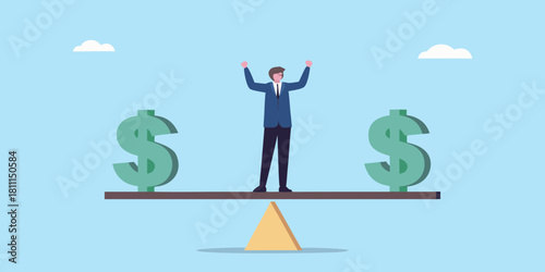Businessman balancing on seesaw with dollar signs financial success concept