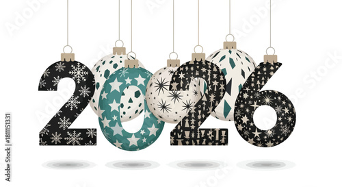 Decorative christmas ornaments in the shape of the year 2026 with festive patterns hang against a white background