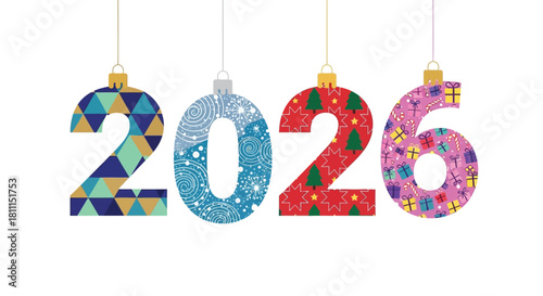 Festive christmas ornaments shaped like the year 2026 with holiday patterns hanging on strings