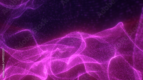 Vivid magenta glowing particle waves forming soft fluid digital surfaces in a dark atmospheric space
