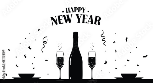 Happy new year celebration with champagne bottle two glasses of bubbly drinks and falling confetti and streamers