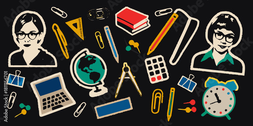 Back to school illustration with teachers and school supplies on black background