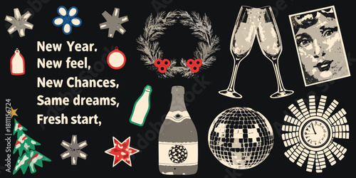 Retro new year s eve celebration with champagne and disco ball