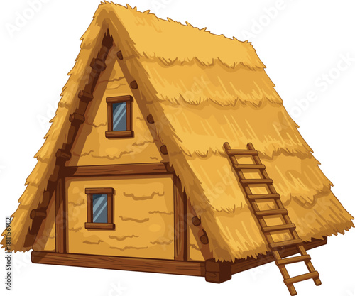 Cartoon Thatched Roof Hut Illustration: Wooden House with Straw Covering and Ladder, Representing Rural Village Life, History, or Fantasy Home Vector Graphic
