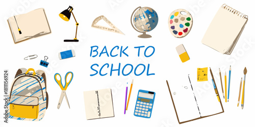Back to school with essential supplies and learning tools illustration