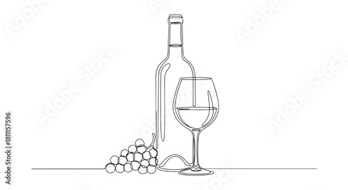 A continuous single line drawing of a wine bottle pouring into a glass with grapes, elegant minimalist vector illustration for winemaking concept 4