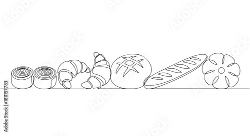 Continuous Single Line Drawing A Variety of Breads and Pastries Collection