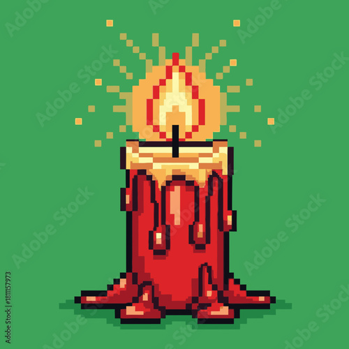 A pixel art illustration of a burning red candle with dripping wax and glowing flame on a green background.