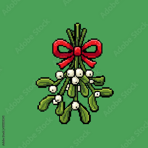 A pixel art illustration of a mistletoe bunch with white berries and a red bow, set against a solid green background.
