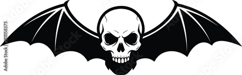 Monochrome Skull and Bat Wings Graphic: Black and White Death Symbol, Heavy Metal Logo, Gothic Style, and Rock Tattoo Vector Illustration