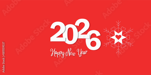“Holiday greeting design with large white ‘2026’ typography on a red background, decorated with white snowflakes and a handwritten ‘Merry Christmas’ text. Festive, clean and modern Christmas layout.”