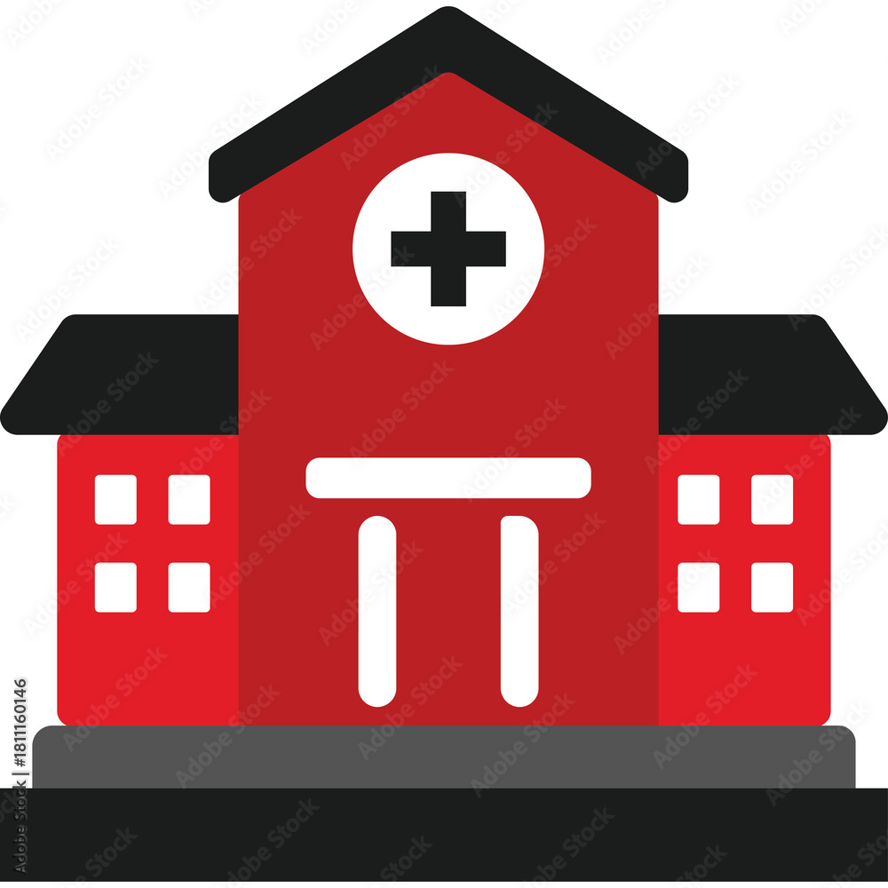 Obraz premium Simple Flat Icon of a Red Hospital Building with Black Roof and White Cross Symbol on Transparent Background Detailed Visual Key Optimized for Adobe Stock Photo