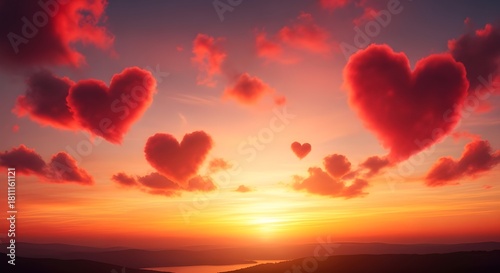 Romantic Sunset Sky with Red Heart Clouds — Love & Valentine Theme
