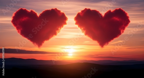 Red Heart-Shaped Clouds at Sunset — Romantic Valentine’s Day Background
