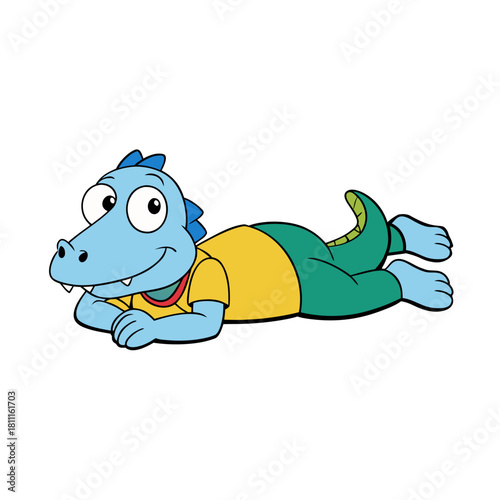 Cute blue cartoon dinosaur lying down wearing clothes