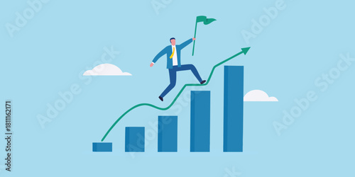 Businessman climbing bar chart with flag to achieve success
