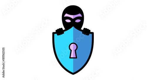 Cybersecurity shield protecting against digital threats, emphasizing secure data protection and privacy with a masked figure guarding against online crime