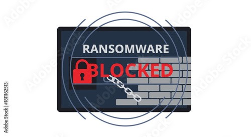 Ransomware blocked alert on device with padlock symbol, reinforcing digital security and data protection with a firewall for robust cybersecurity