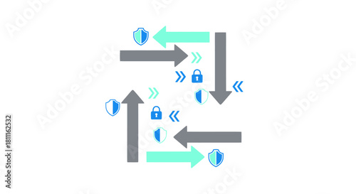 Data protection strategy with arrows pointing in a loop for network security and privacy solutions, symbolizing a robust system for digital assets