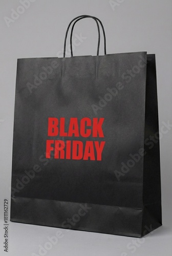 Black Shopping Bag with Red Black Friday Text on Grey Background – Minimal Modern Sale Promotion