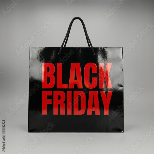 Black Shopping Bag with Red Black Friday Text on Grey Background – Minimal Modern Sale Promotion