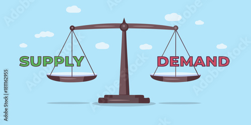 Supply and demand balance on scales economic equilibrium concept illustration