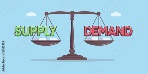 Supply and demand balance on scales business concept illustration