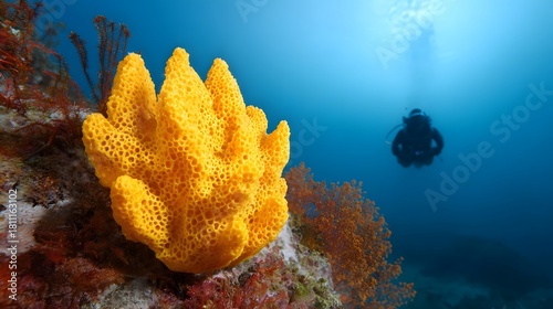 Fototapeta Naklejka Na Ścianę i Meble -  A vibrant yellow sea sponge and coral reef with a scuba diver exploring the clear blue ocean depths