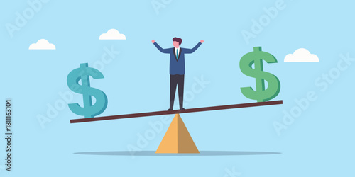 Business man balancing on seesaw between two dollar signs illustration
