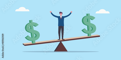 Balancing business businessman on a seesaw with dollar signs achieving financial equilibrium