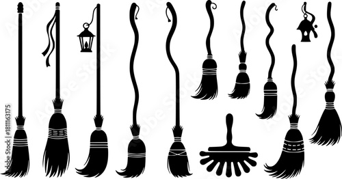 Black brooms silhouettes.  Halloween silhouette stickers, broom  vector set