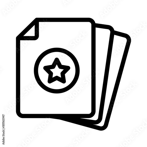 Review files stack line vector icon. Layered documents marked as important or favorited for later access. Star symbol on stacked digital papers for rating or essential status interface.