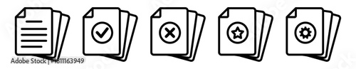 Set of line vector outline icons for a large document archive: Blank Files, Verified (Check), Rejected (Cross), Important (Star), and Update/Settings (Gear). Essential graphics for heavy content manag