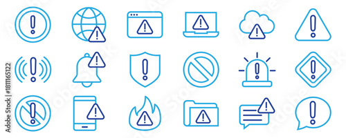Warning line icon set. Contains icons related to Alert, caution, danger, error, and more. Linear icon collection. Editable stroke, Vector illustration