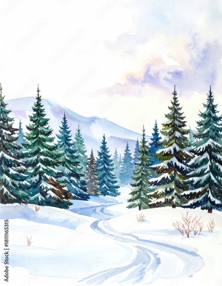 Fototapeta premium Snowy path through evergreen forest, watercolor landscape