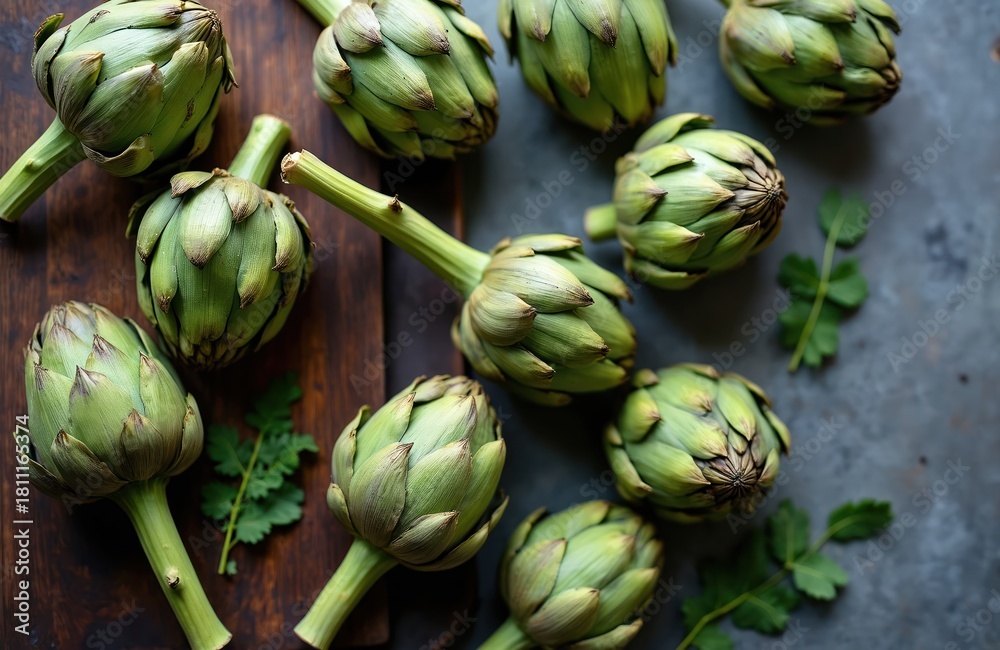 Obraz premium Overhead photo of fresh artichokes on wooden board. Green globe vegetables with stems are arranged on the gray backdrop. Culinary photo for healthy eating or cooking concept.