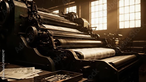 Vintage printing press produces newspaper in industrial workshop. Print machine with roller processes paper. Vintage press equipment in factory. Printing newspaper on old industrial machine roller.